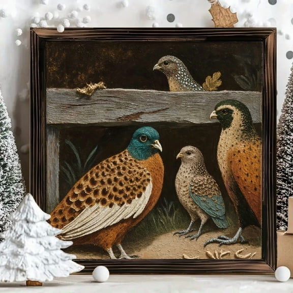 Square Framed Wood Panel Wall Art 8x8 Inch Artistic Painting of Four Game Birds in Painterly Style for Home Living Room Decor 1pc