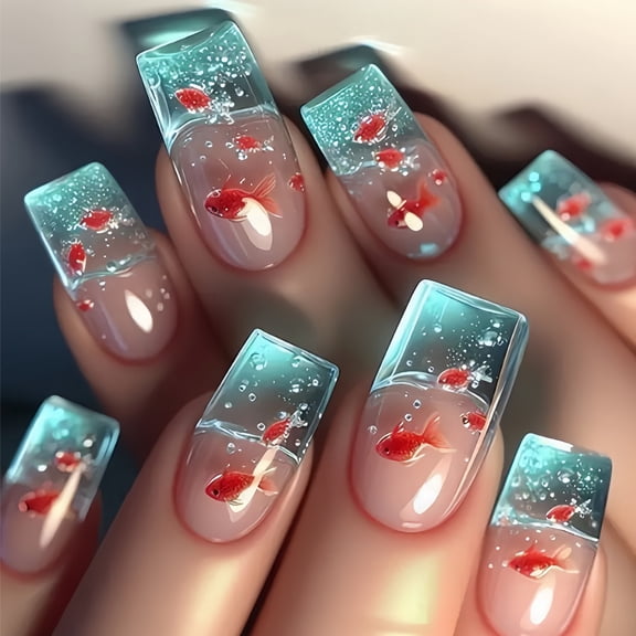 Square Fish Fake Nails on Nails in 12 Sizes,24 Pcs French Nails Tips for Diys Nails Art Decorations