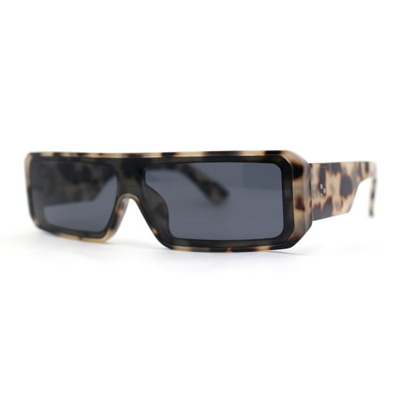 Square Futurist Shield Narrow Rectangle Flat Top Plastic Sunglasses Beige Tortoise - Black