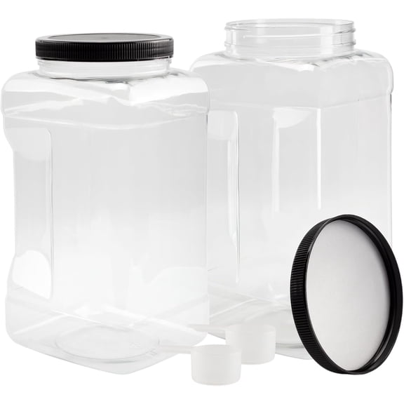 Square Gallon Size Clear Plastic Canisters (2-Pack); 4-Quart Jar Grip Containers w/ Plastic Scoops; BPA-Free