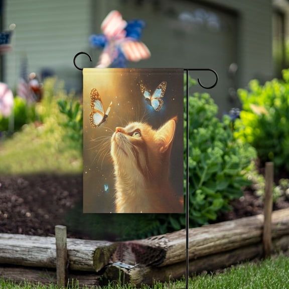Square Garden Flags 12x18in Garden Flags Outdoor Flags Outdoor Banners Decorative Flags for Courtyard Gardens Pretty Cat and Butterflies