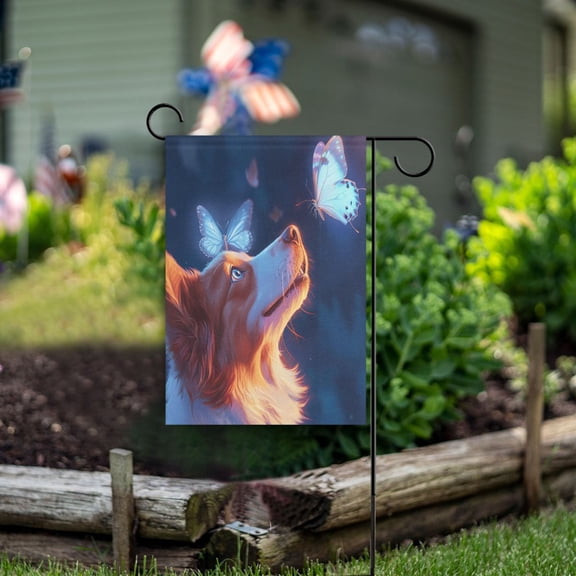 Square Garden Flags 28x40in Garden Flags Outdoor Flags Outdoor Banners Decorative Flags for Courtyard Gardens Pretty Dog and Butterfly