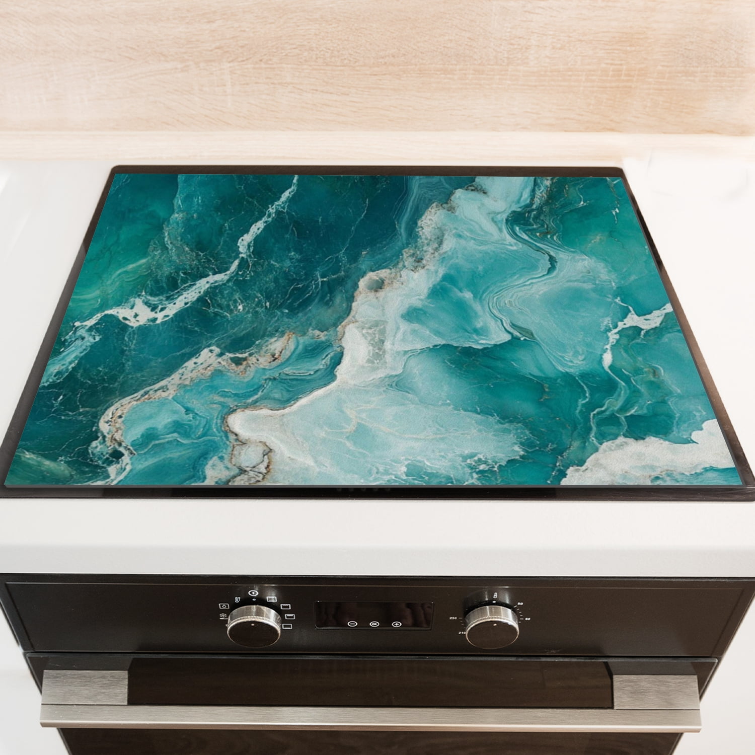 Square Gas Stove Cover, Blue White Marble Glass Induction Protector Cooktop Mat, Non-slip Foldable Modern Decoration Pad for Kitchen RV (28×20 Inch)