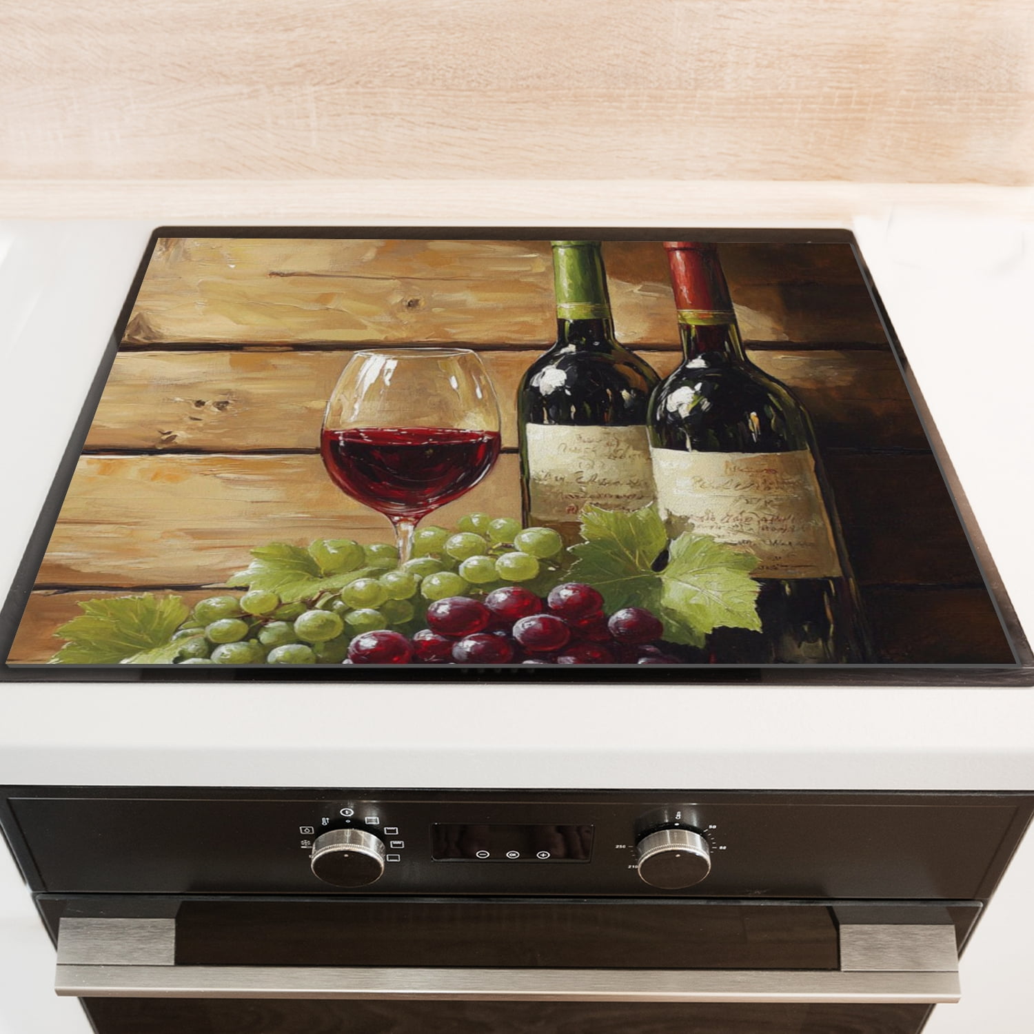 Square Gas Stove Cover, Wine Glass Vintage Print Glass Induction Protector Cooktop Mat, Non-slip Foldable Decoration Pad for Kitchen RV (28×20 Inch)