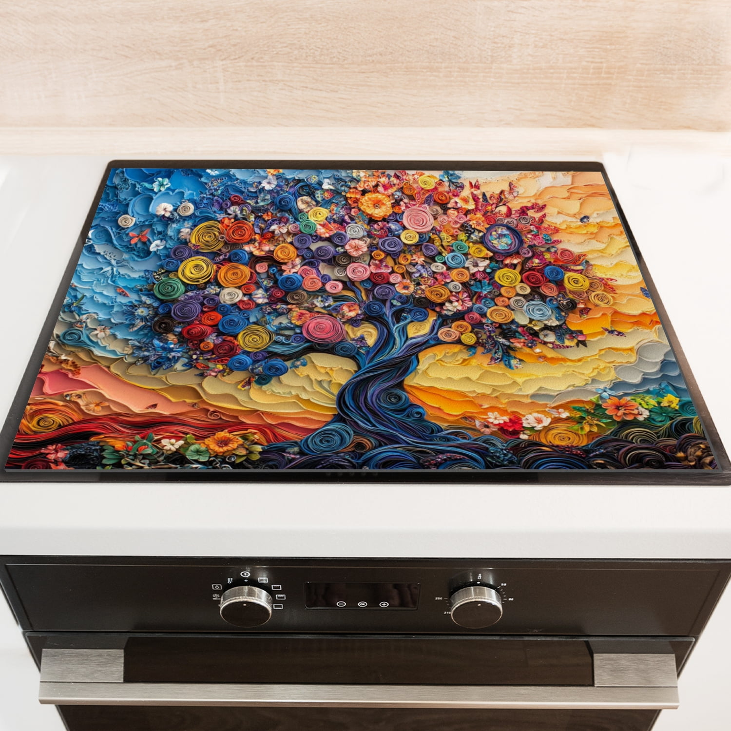 Square Gas Stove Covers, Colorful Flowers Tree of Life Heat Resistant Glass Induction Protector Cooktop Mat, Non-slip Foldable Decoration Pad for Kitchen RV (28×20 Inch)