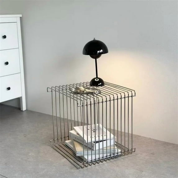Square Geometry Retro Side Table Prime-Stainless Steel Linear Metal End Table, Iron Multi-Purpose Desktop Shelf (Silver)