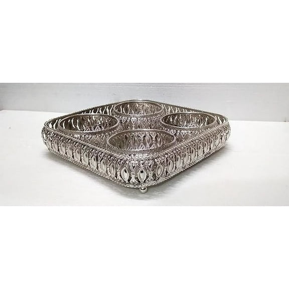 Square German Silver Tray with Four Bowls | Square Decorative Silver Tray | Best Gift for Pooja | Dcor | Diwali | Anniversary | House Warming | Birthday -(Set of 5) Tray: 10x10 | Size Bowl: 4x4
