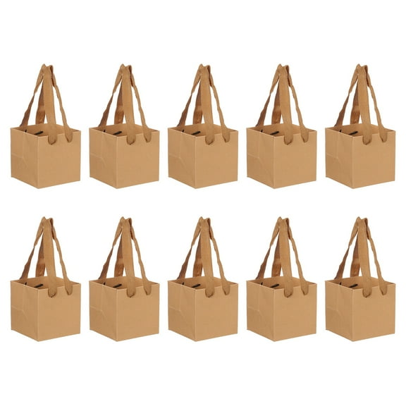 Square Gift Bags 3.94 Inch, 10 Pcs Medium Kraft Gift Wrap Bags for Wedding Birthday, Light Brown