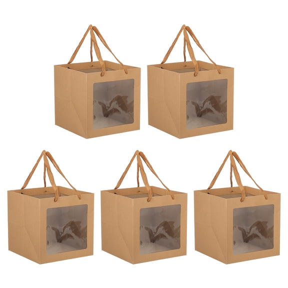 Square Gift Bags 9.84 Inch, 5 Pcs Medium Kraft Gift Wrap Bags for Wedding Birthday, Light Brown