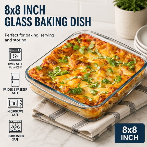 Square Glass Baking Dish for Oven, 8x8 Inch, Durable Heat Resistant Glass Bakeware, Single Pack