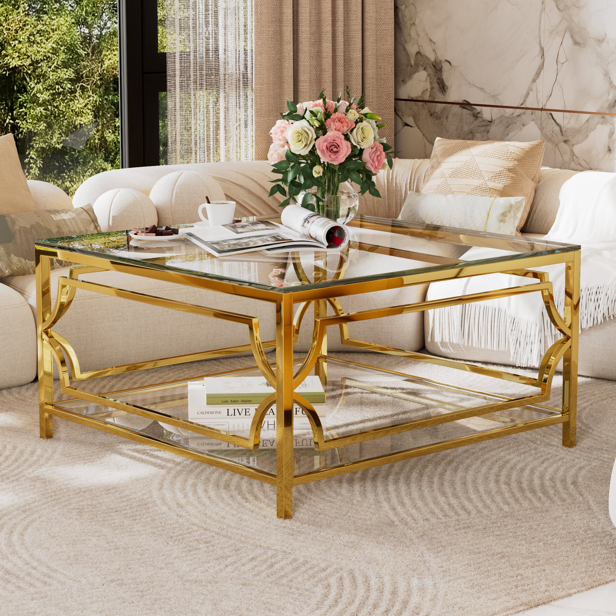 Square Glass Coffee Table in 33.5",Luxurious Geometric Metal Frame,Gold Finish & Lower Shelf