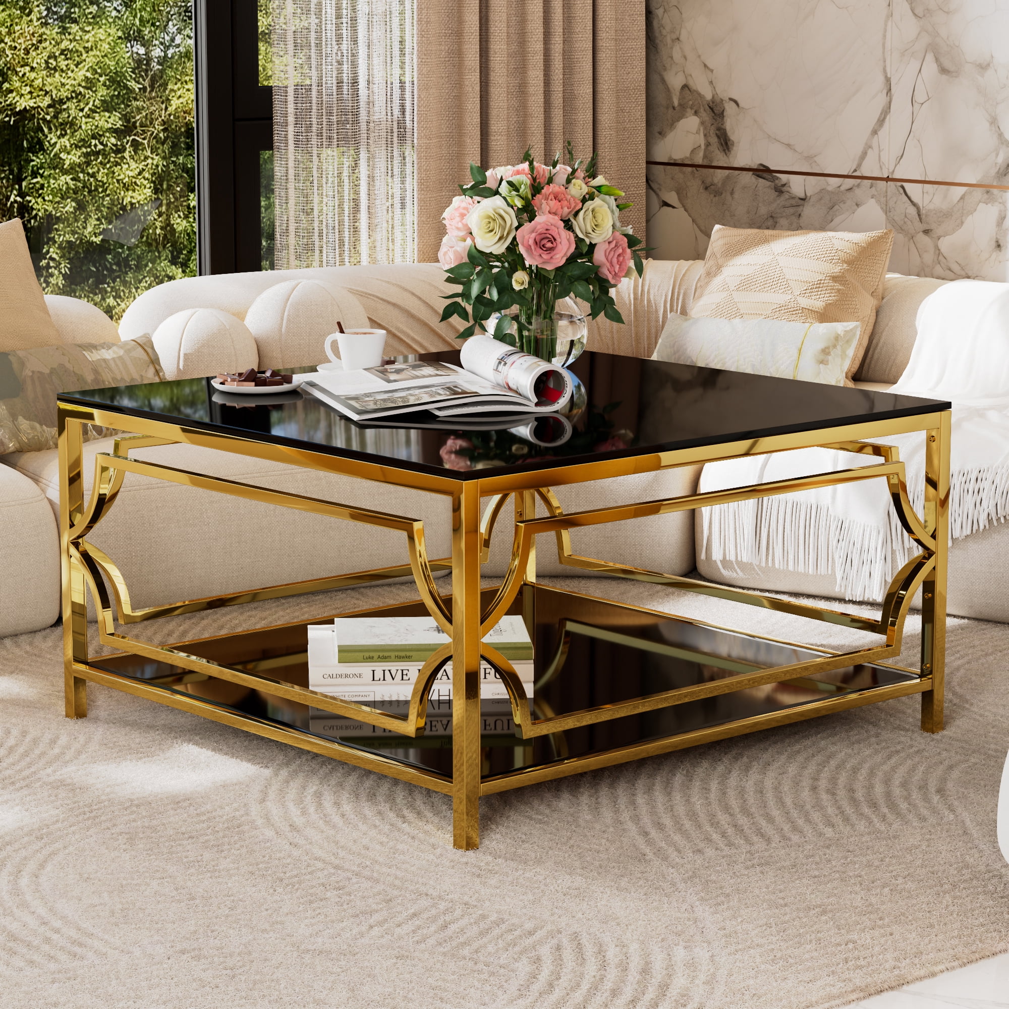 Square Glass Coffee Table in 33.5",Luxurious Geometric Metal Frame,Gold Finish & Lower Shelf