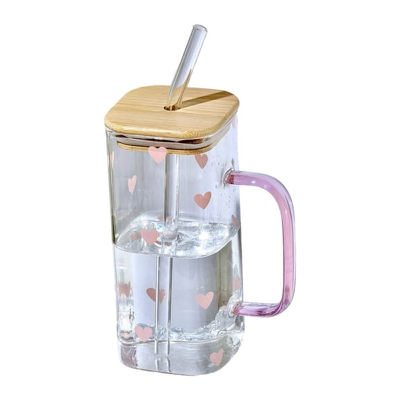 Square Glass Cups, 400ML Heat Glass Cup with Straw & Lids, Various Patterns Square Drinking Glass for Coffee Juice Beverage, Family, School, Traveling