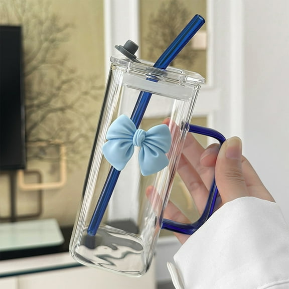 Square Glass Cups with Lids and Straws，Heat Resistant Glass Tumbler with Handle Bow Knot Transparent Drinking Glasses for Water,Juice,Iced Coffee,Milk,Tea 400ml (Blue)