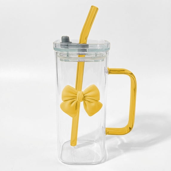 Square Glass Cups with Lids and Straws, Glass Tumbler with Handle Bow Knot Transparent Drinking Glasses for Water, Juice, Milk, Tea 400ml (Yellow)