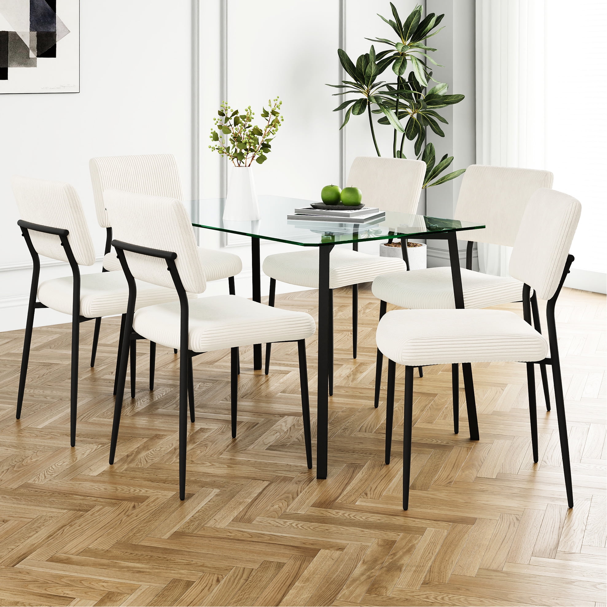 Square Glass Dining Table And 6 Chairs, Black Metal Legs, For Kitchen & Living Room, Elegant ...