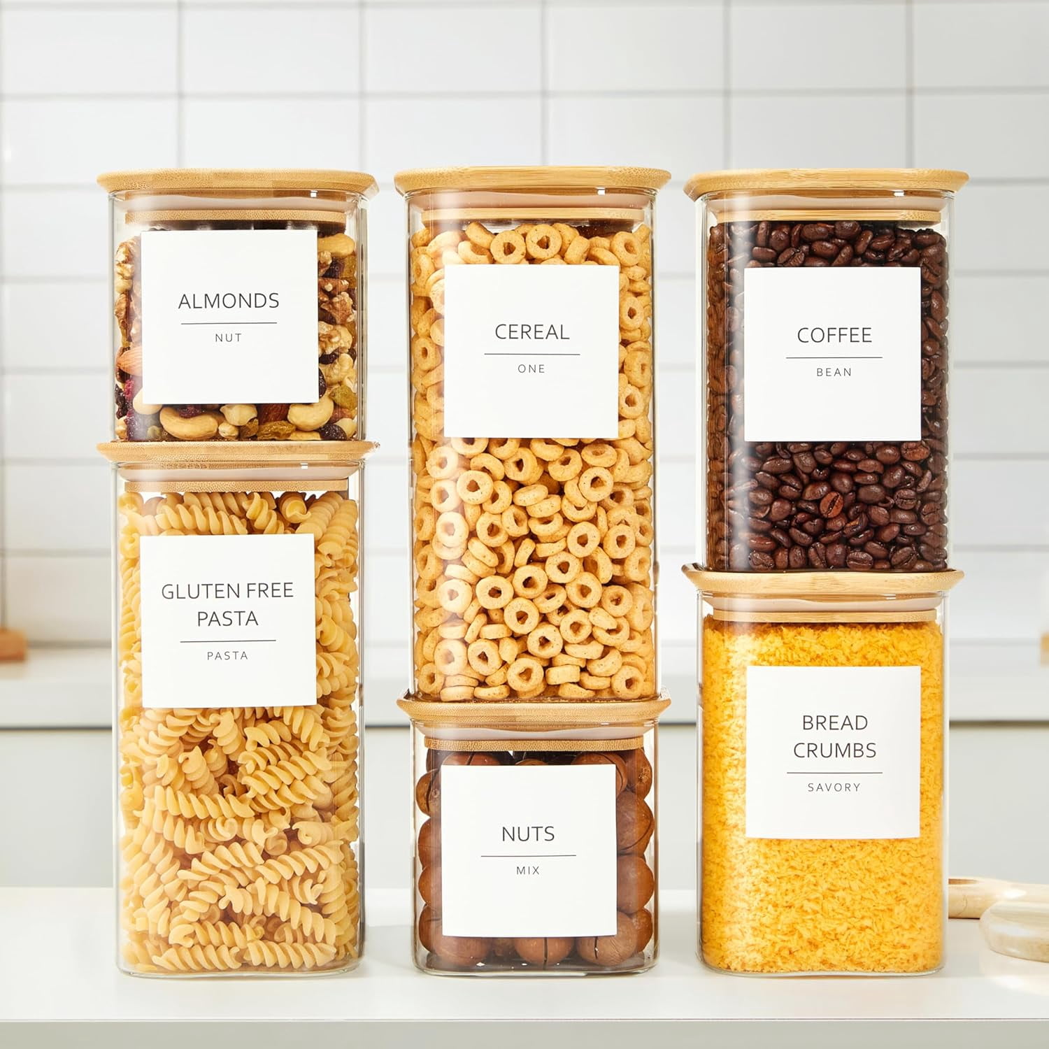 Square Glass Food Storage Containers - Airtight & Labeled Glass Kitchen Storage Containers - Space-Saving Stackable Square Pantry Jars - Pack of 6, 24/37/51 fl oz