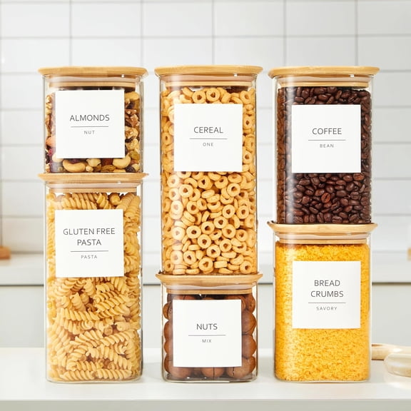 Square Glass Food Storage Containers - Airtight & Labeled Glass Kitchen Storage Containers - Space-Saving Stackable Square Pantry Jars - Pack of 6, 24/37/51 fl oz