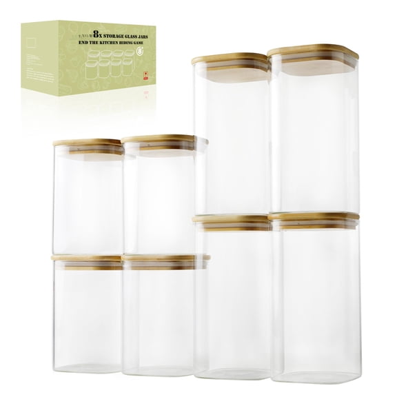 Square Glass Food Storage Jars 8 pcs - Plus Edition, Stackable Pantry Organization Containers with Lids