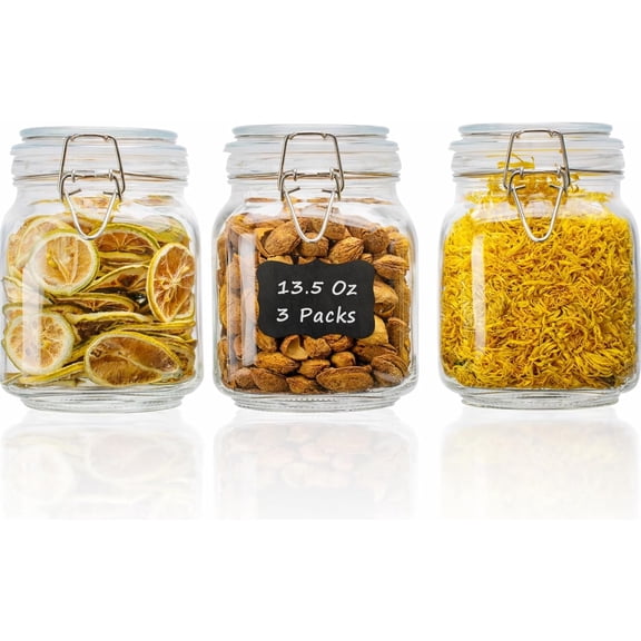 Square Glass Food Storage Jars with Airtight Clamp Lids, 13.5 oz, 3 Pack, Clear Glass Canisters for Pantry Organization, Coffee, Spices, Snacks & Dry Food Storage