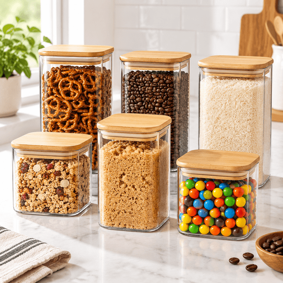 Square Glass Food Storage Jars Set of 6, 25oz x2 / 37oz x2 / 50oz x2, Pantry Organization Containers