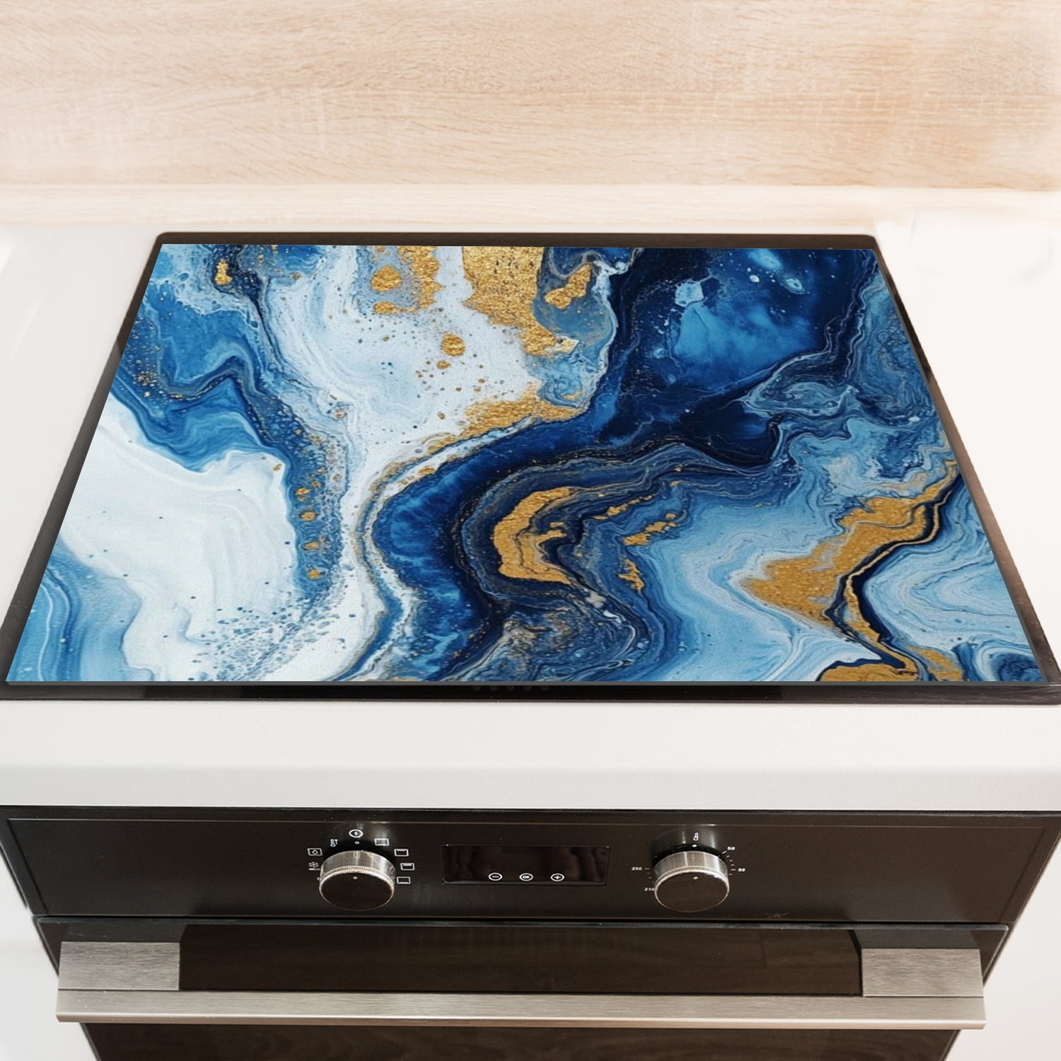 Square Glass Induction Cooktop Protector Mat, Blue White Marble Print Modern Decor Glass Stove Cover, Heat Resistant Foldable Decoration Pad for Kitchen RV (28×20 Inch)