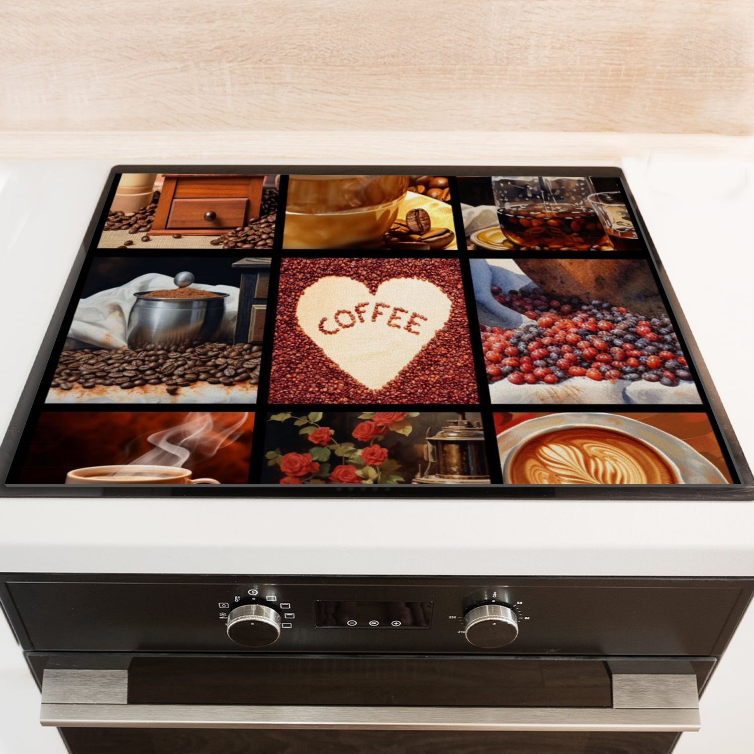 Square Glass Induction Cooktop Protector Mat, Collage of Coffee Glass Stove Cover for Electric Stove, Heat Resistant Foldable Decoration Pad for Kitchen RV (28×20 Inch)