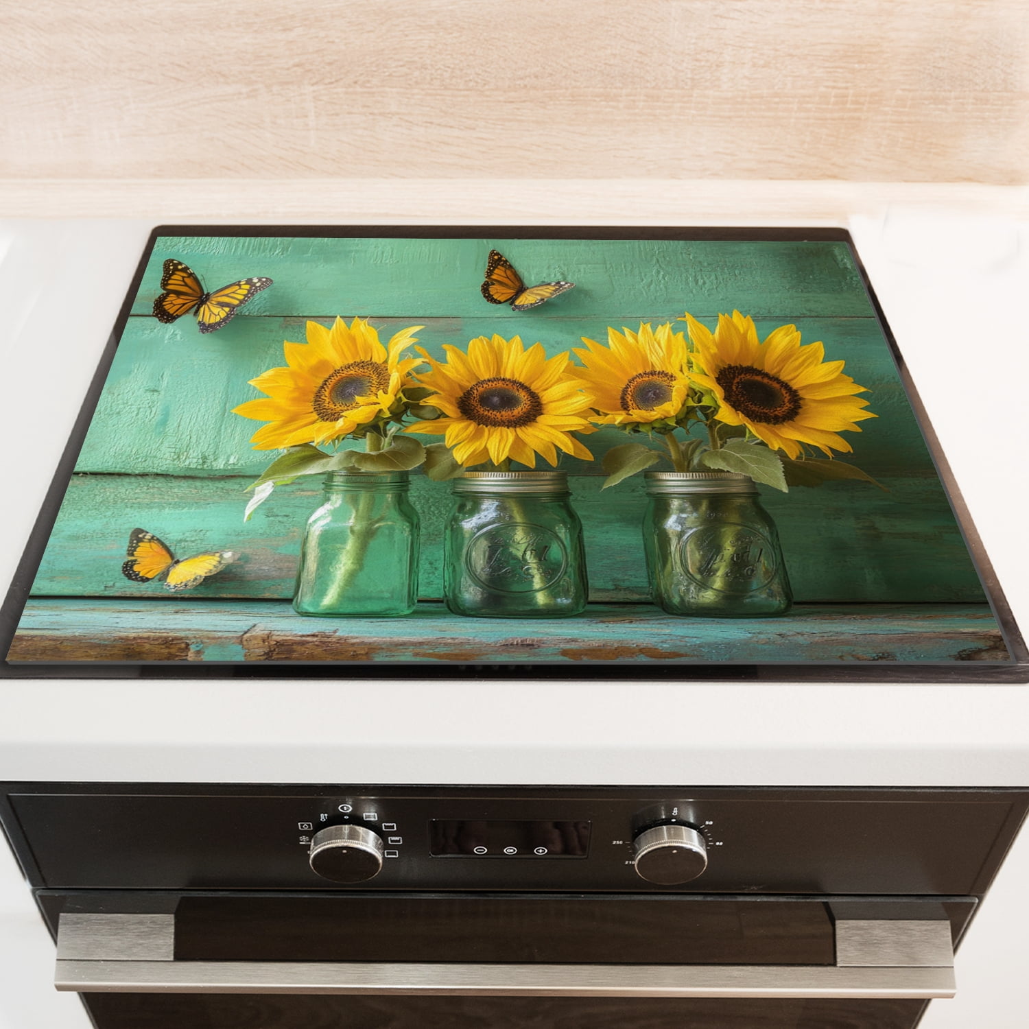 Square Glass Induction Cooktop Protector Mat, Retro Sunflower in Oil Painting Style Glass Stove Cover, Heat Resistant Foldable Decoration Pad for Kitchen RV (28×20 Inch)