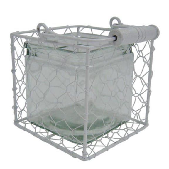 Square Glass Jar in Wire Basket, White - Large