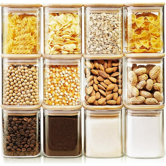 Square Glass Jars with Bamboo Lids 17 FL OZ [Set of 12], Glass Canisters with Airtight Lids, Glass Food Storage Containers for Spice, Sugar, Tea, Candies, Cookies, Best for Kitchen & Pantry