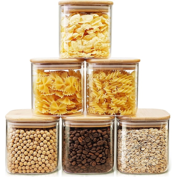 Square Glass Jars with Bamboo Lids 27 FL OZ [Set of 6], Glass Canisters with Airtight Lids, Glass Food Storage Containers for Coffee, Sugar, Tea, Candies, Cookies,Best for Kitchen & Pantry