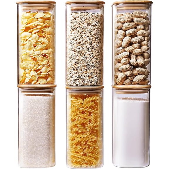 6 Pack 30oz Square Glass Jars with Bamboo Lids, Airtight Food Storage Containers for Pasta Flour Sugar Rice Kitchen Pantry