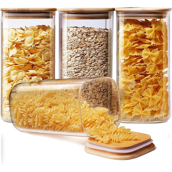 53 oz Square Glass Food Storage Containers with Airtight Bamboo Lids, 4Pack | Pantry Jars for Pasta, Rice, Sugar & Flour, Durable Borosilicate Glass Canisters Keep Food Dry & Fresh