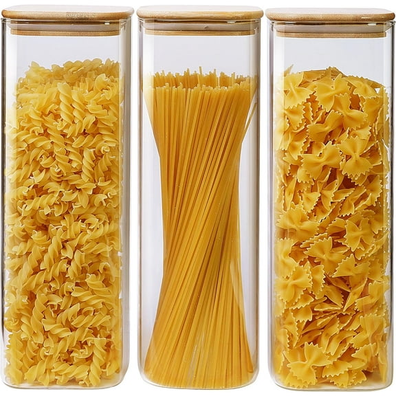 Set of 3 Square Glass Jars with Bamboo Lids, 79oz Airtight Food Storage Containers for Pasta Spaghetti Fettuccine Kitchen