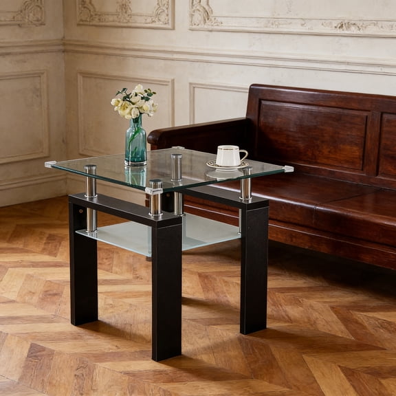 Square Glass Side Table, Black 2-Tier Tempered Glass End Table, Modern Small Corner Table with Steel Frame and Open Shelf for Living Room, Bedroom, Home Office