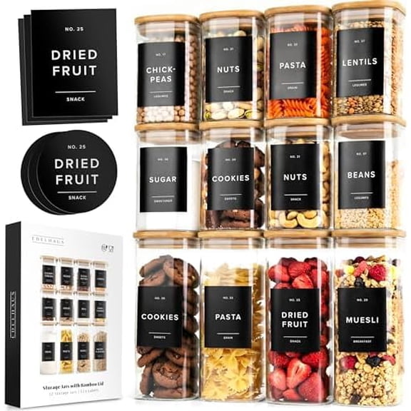 Square Glass Storage Containers with Bamboo Lids 12-Pack (4x 30 oz, 8x 17 oz) Airtight Storage Jars with Lids for Food, Stackable Glass Kitchen Canisters with (Black Label)