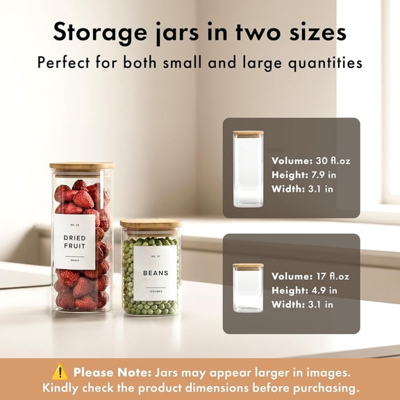 Square Glass Storage Containers with Bamboo Lids 12-Pack (4x 30 oz, 8x 17 oz) Airtight Storage Jars with Lids for Food, Stackable Kitchen Canisters with 114 Labels for Pantry [Thicker Glass 3mm]