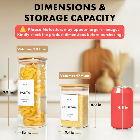 Square Glass Storage Containers with  Lids 12-Pack Airtight Food Jars with 114 Labels for Pantry
