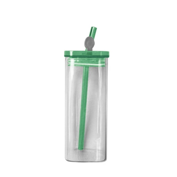Square Glasses,Drinking Glass Cups,Juice Cup,Glass Cups with Straws and Lids, Portable Iced Coffee Square Glass Drinking Cup, Wide Mouth Travel Mug Gifts for Employee Coworkers(Green1)