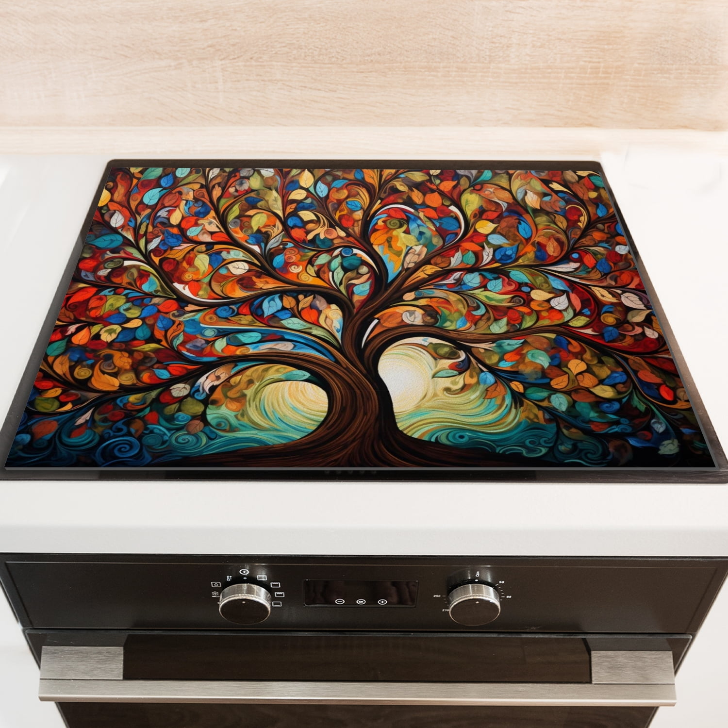 Square Glasstop Stove Covers, Colorful Tree Leaves Heat Resistant Stove Top Cover, Non-slip Washable Decoration Countertop Pad for Kitchen RV (28×20 Inch)