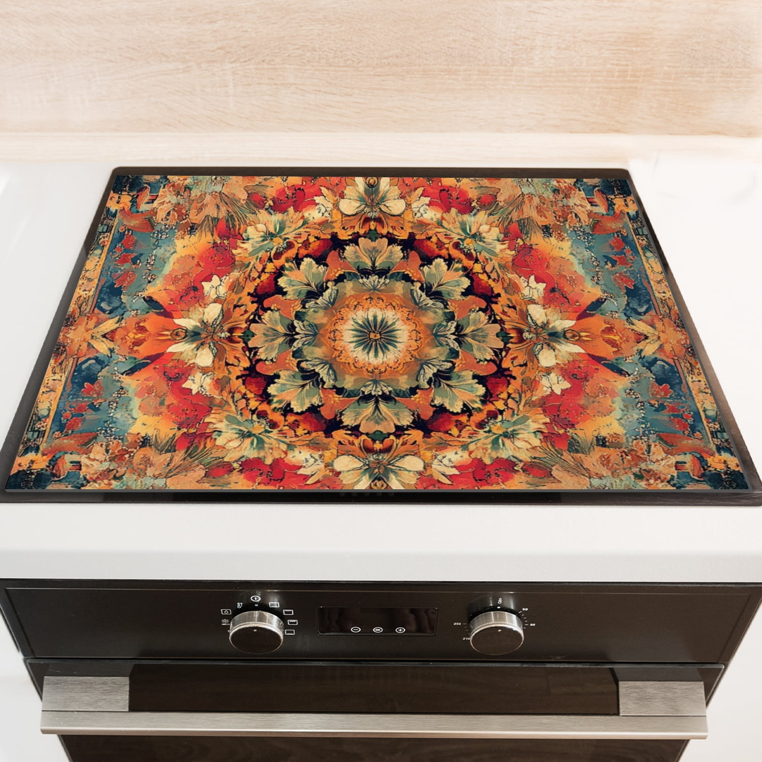 Square Glasstop Stove Covers, Retro Mandala Flower Pattern Design Heat Resistant Stove Top Cover, Multipurpose Washable Countertop Mat for Kitchen RV (28×20 Inch)