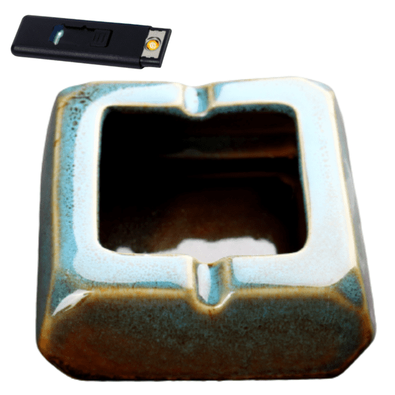Square Glossy Ceramic Ashtray Cigarette for Indoor or Outdoor Use + Flameless Lighter (BLUISH)