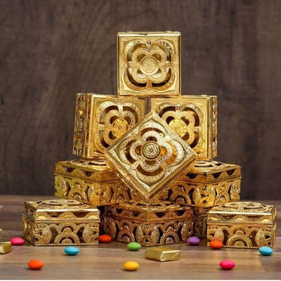 Square Golden Decorative Box For Mini Storage, Gift Box, For Wedding, Ring Jewellery,Christmas Candy Container Case, New Year Decoration Acrylic Golden 6 Pcs Small
