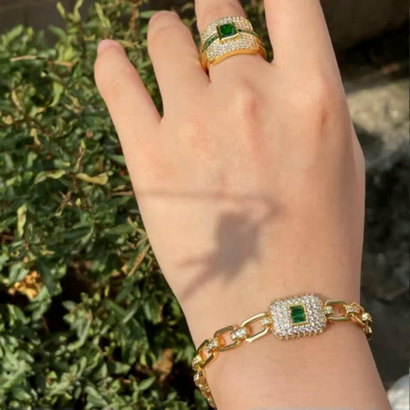 Square Green CZ Cuban Link Chain Bracelet Ring Yellow Gold Plated Jewelry Set