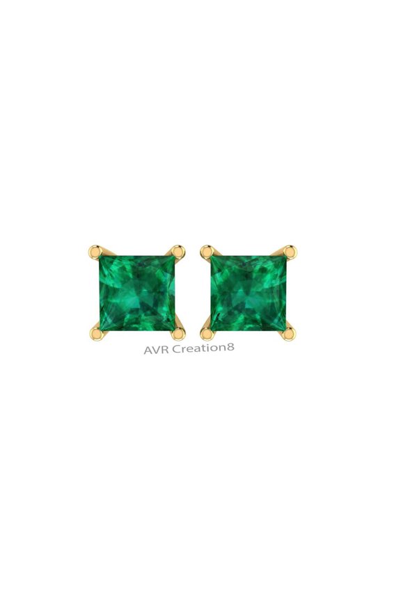 Square Green Emerald Stud Earrings, Princess Cut May Birthstone Solitaire Earrings, Gift For Girlfriend