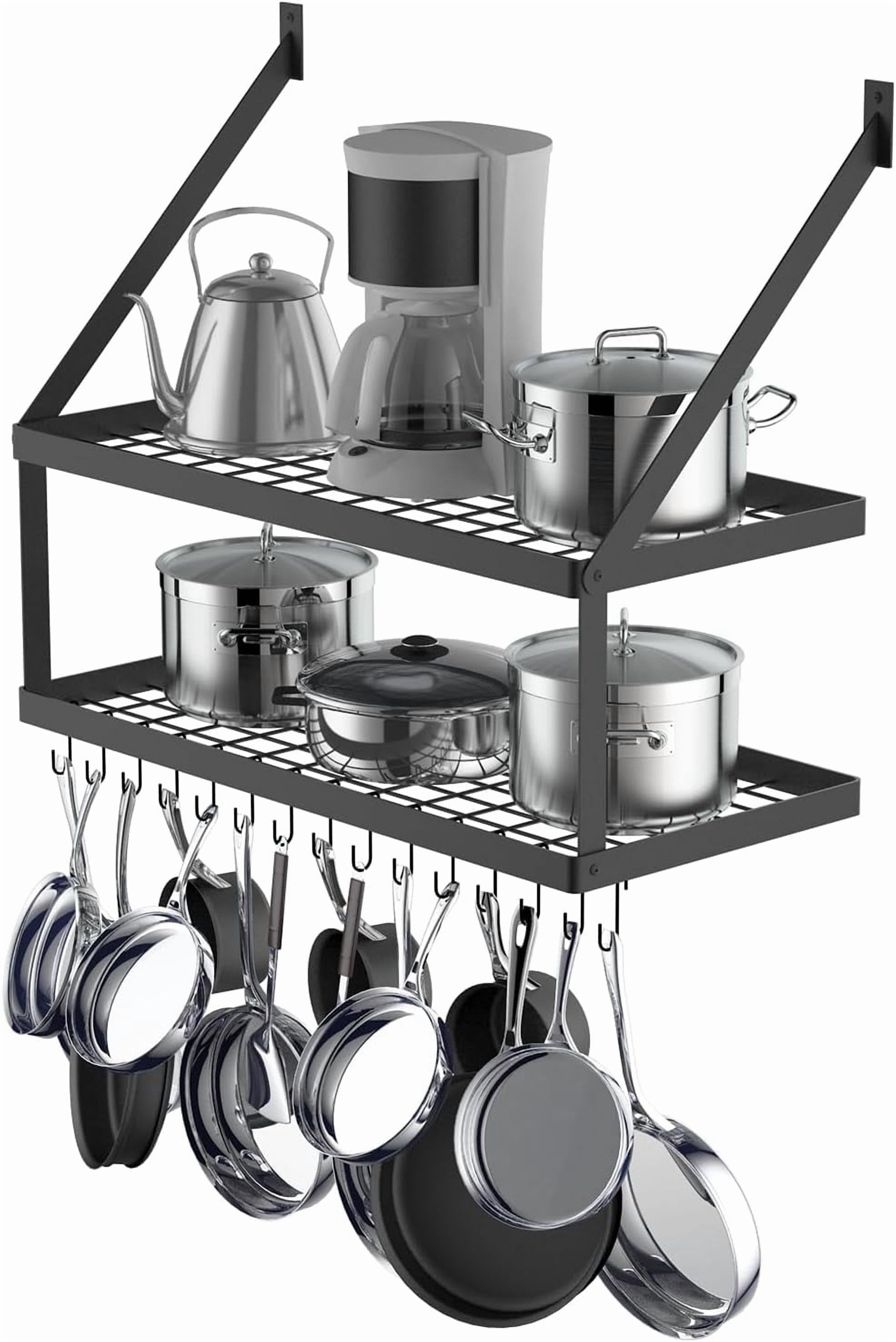Kitchen Shelf Pot Rack Square Grid Wall Mount Pot Rack with 2-Tier 15 Hooks, Kitchen Cookware ...