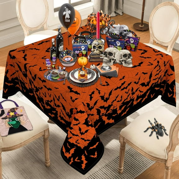 Square Halloween Tablecloth 60×60 Inch, Halloween Orange Tablecloths Spider Web Washable Table Cover, Spooky Decoration Table Cloths Decor for Party Picnic Dinner