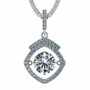 Square Halo Dancing Stone Necklace Silver & CZ with 0.8mm 22 Adj Box Chain- Platinum Plated