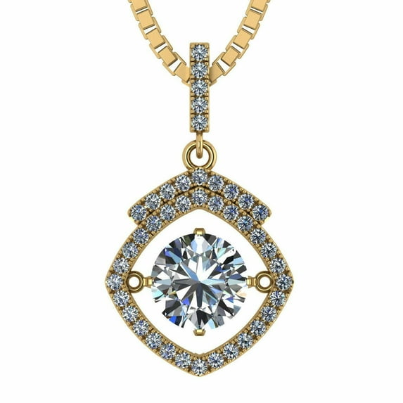 Square Halo Dancing Stone Necklace Silver & CZ with 0.8mm 22" Adj Box Chain- Yellow Gold Plated