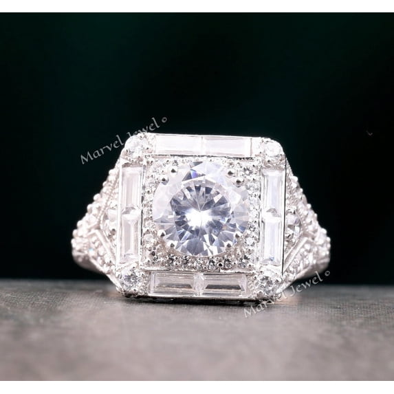 Square Halo Diamond Engagement Ring, Double Prong Diamond Ring, Solitaire With Accents Ring, Hidden Halo Ring, Surprise Diamond Wedding Ring, 925 Sterling Silver, 2.5 Ct Simulated Diamond